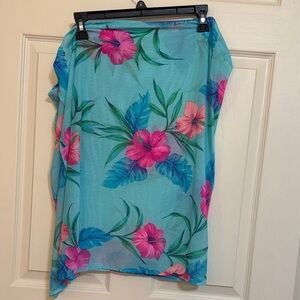 Caribbean Joe Women’s Aqua Floral Sarong Cover-Up - Blue with Pink Hibiscus